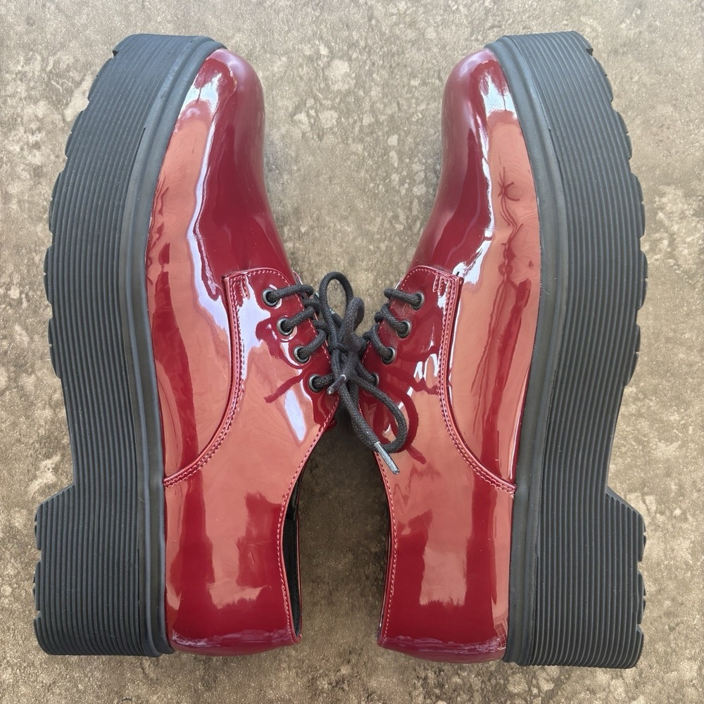 Forever 21 Patent Leather Chunky Oxford Glossy Platform Shoes Size 9 Red Wine - Picture 9 of 9